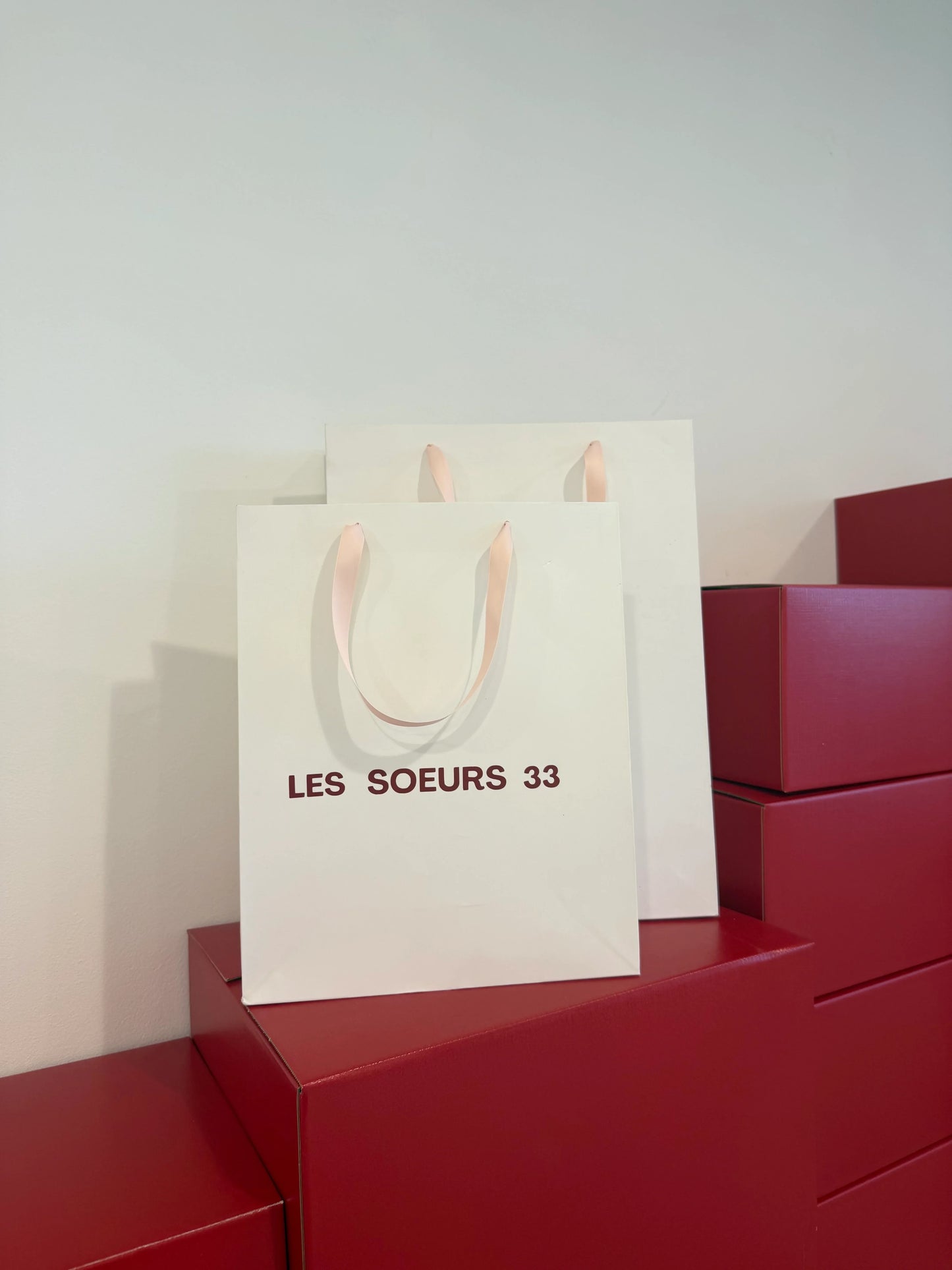Buste e borsa bianca Les Soeurs 33 con manici rosa su scatole rosse impilate