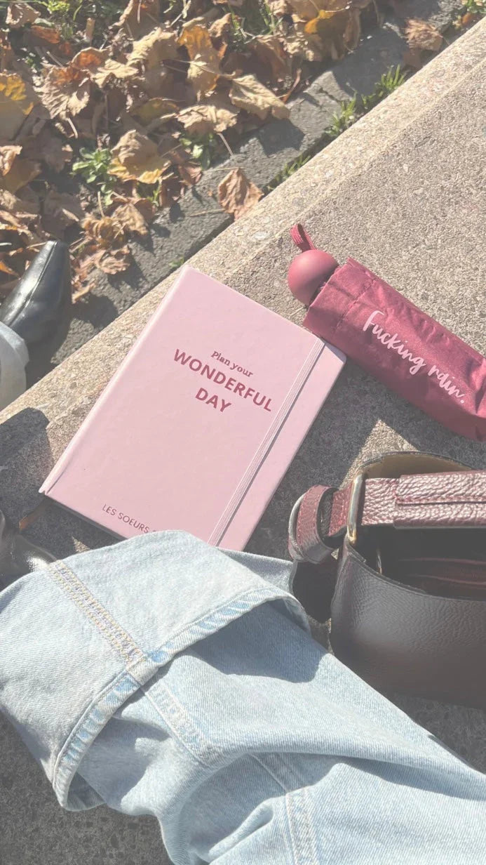 Agenda rosa con scritta 'Plan your WONDERFUL DAY', ombrello rosso e giacca di jeans su panchina con foglie autunnali