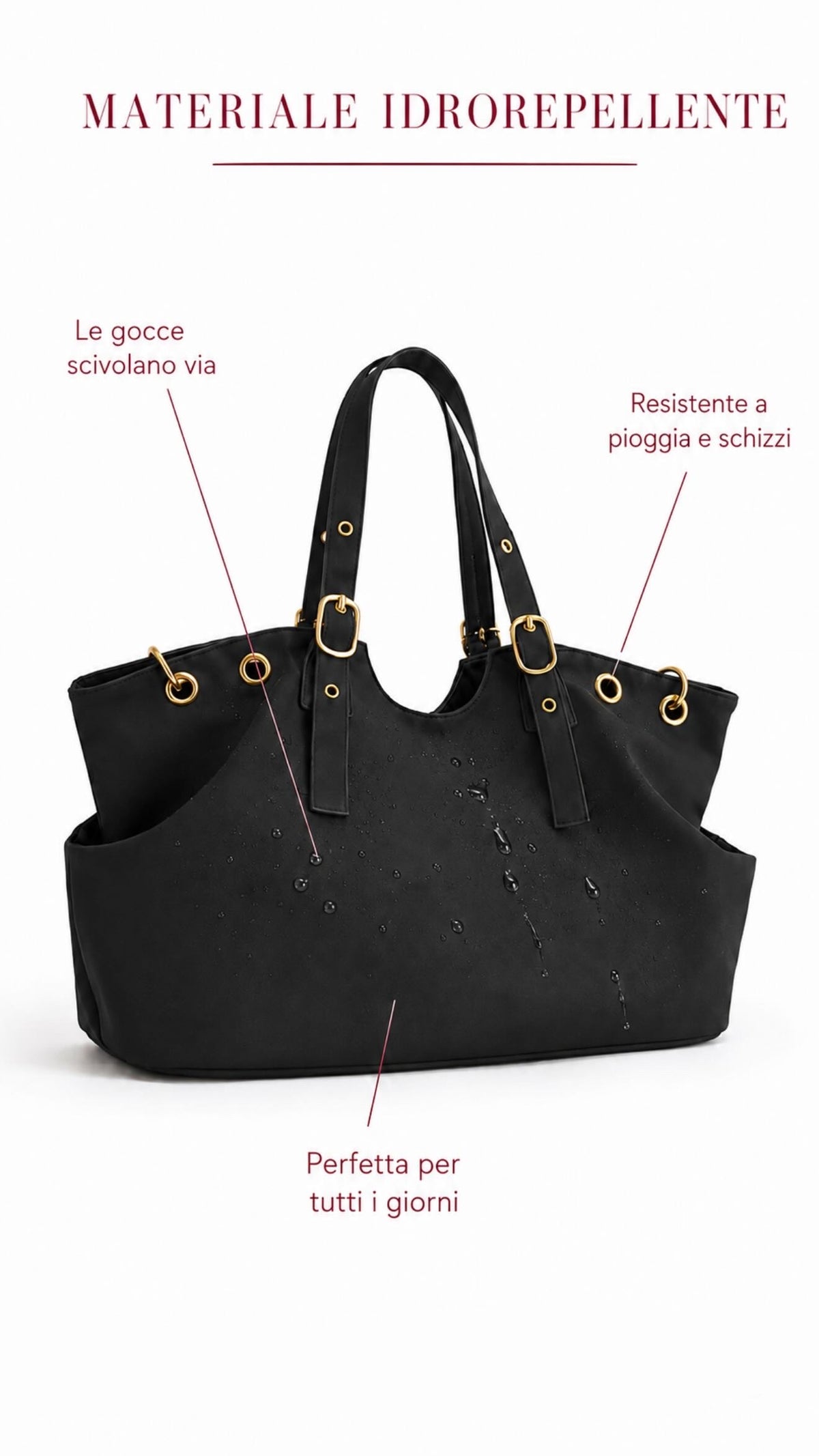 Borsa Beverly con la sua caratteristica del materiale idrorepellente su sfondo bianco