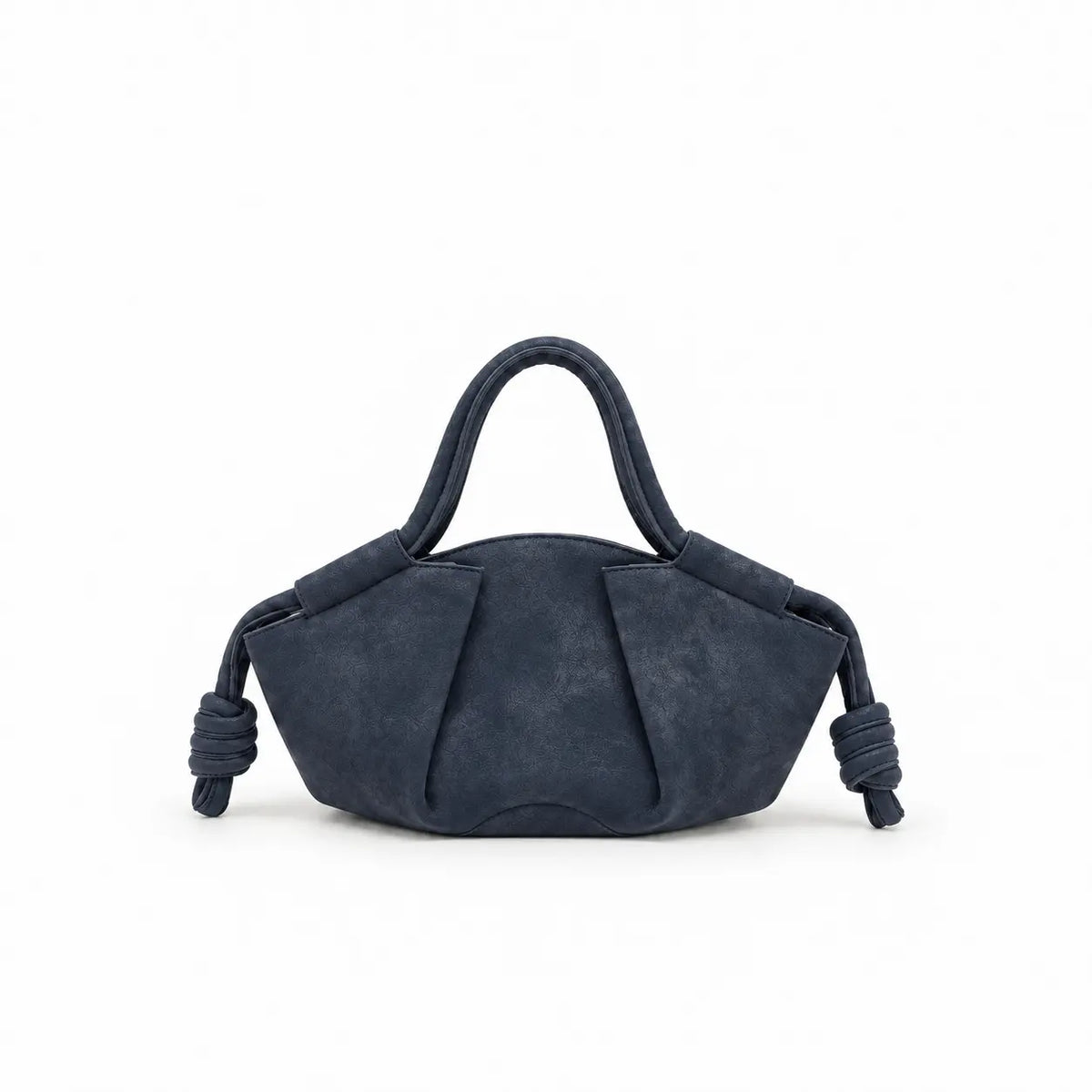 Borsa Claire blu navy da donna in ecopelle con forma a barchetta, tracolla staccabile, chiusura e tasca interna con zip, nodi laterali e hardware oro su sfondo bianco