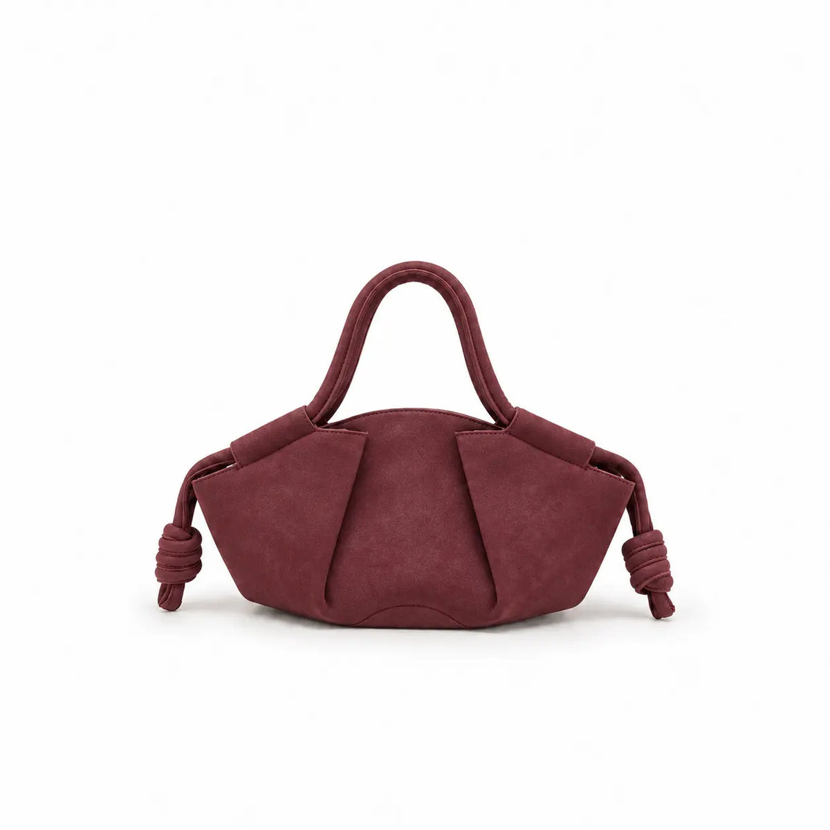 Borsa Claire bordeaux da donna in ecopelle con forma a barchetta, tracolla staccabile, chiusura e tasca interna con zip, nodi laterali e hardware oro su sfondo bianco
