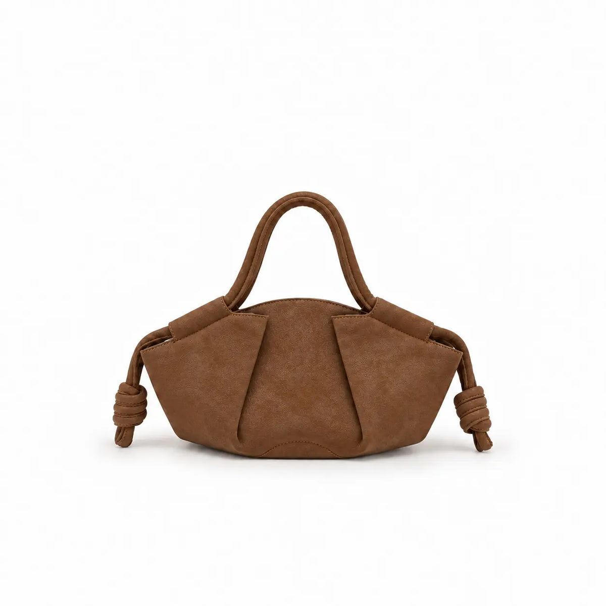 Borsa Claire marrone chiaro da donna in ecopelle con forma a barchetta, tracolla staccabile, chiusura e tasca interna con zip, nodi laterali e hardware oro su sfondo bianco