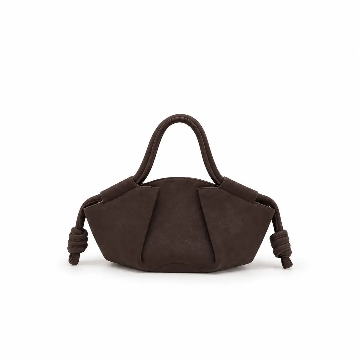 Borsa Claire marrone testa di moro da donna in ecopelle con forma a barchetta, tracolla staccabile, chiusura e tasca interna con zip, nodi laterali e hardware oro su sfondo bianco