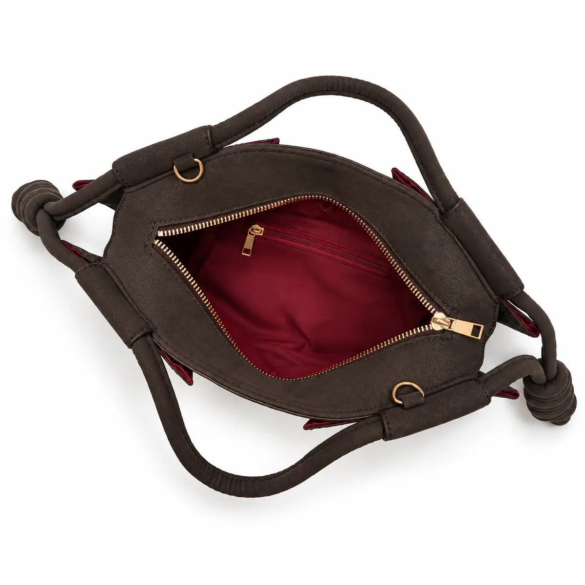 Borsa Claire marrone testa di moro da donna in ecopelle con forma a barchetta, tracolla staccabile, chiusura e tasca interna con zip, nodi laterali e hardware oro su sfondo bianco con vista dall' interno