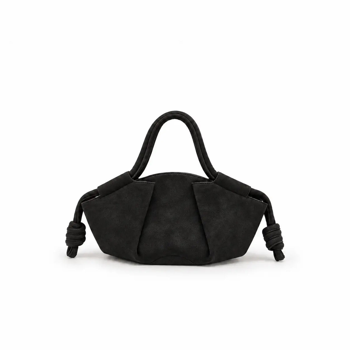 Borsa Claire nero da donna in ecopelle con forma a barchetta, tracolla staccabile, chiusura e tasca interna con zip, nodi laterali e hardware oro su sfondo bianco