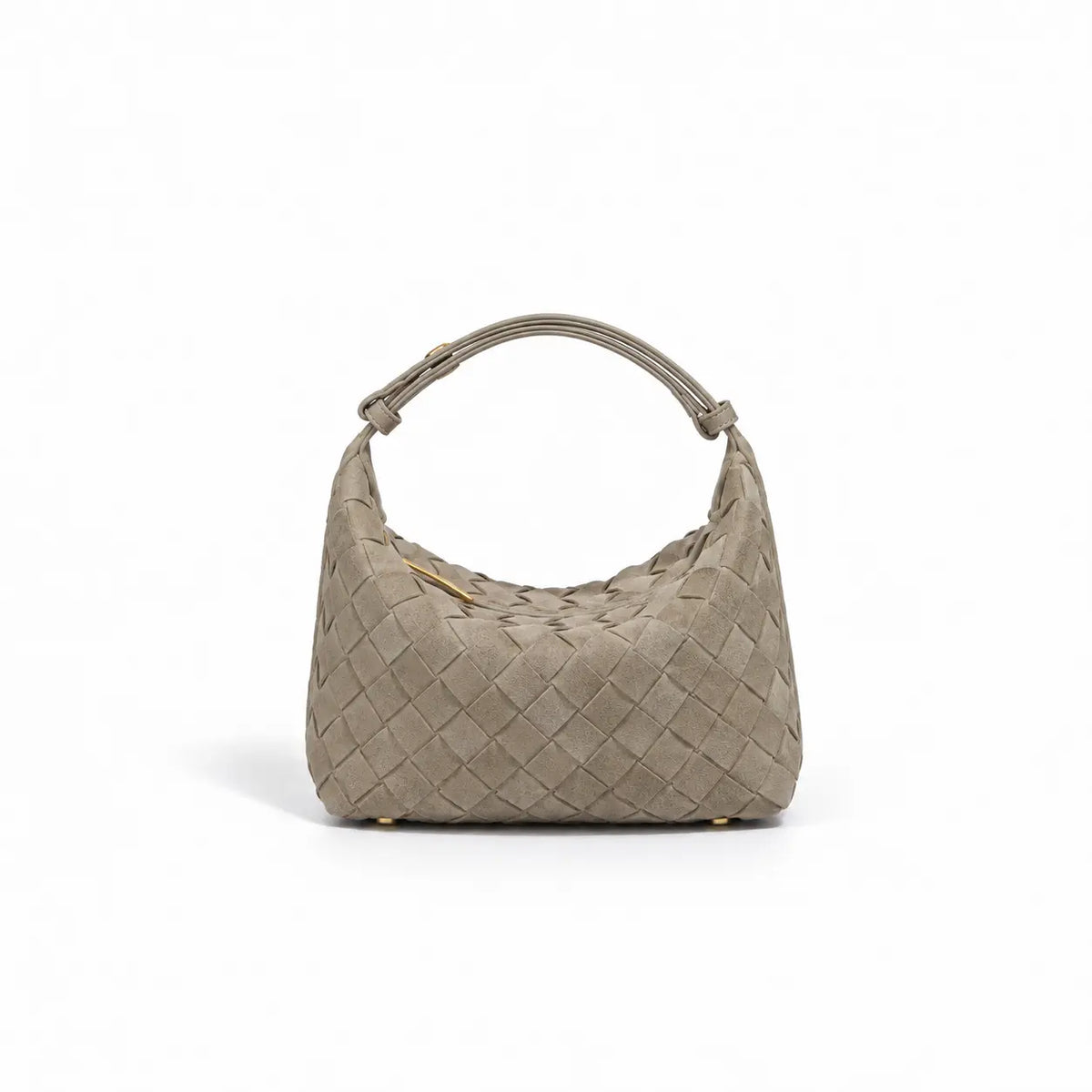 Borsa Kaila ecosuede khaki hardware oro chiusura a zip piedini d'appoggio oro manico allungabile stile intrecciato su sfondo bianco