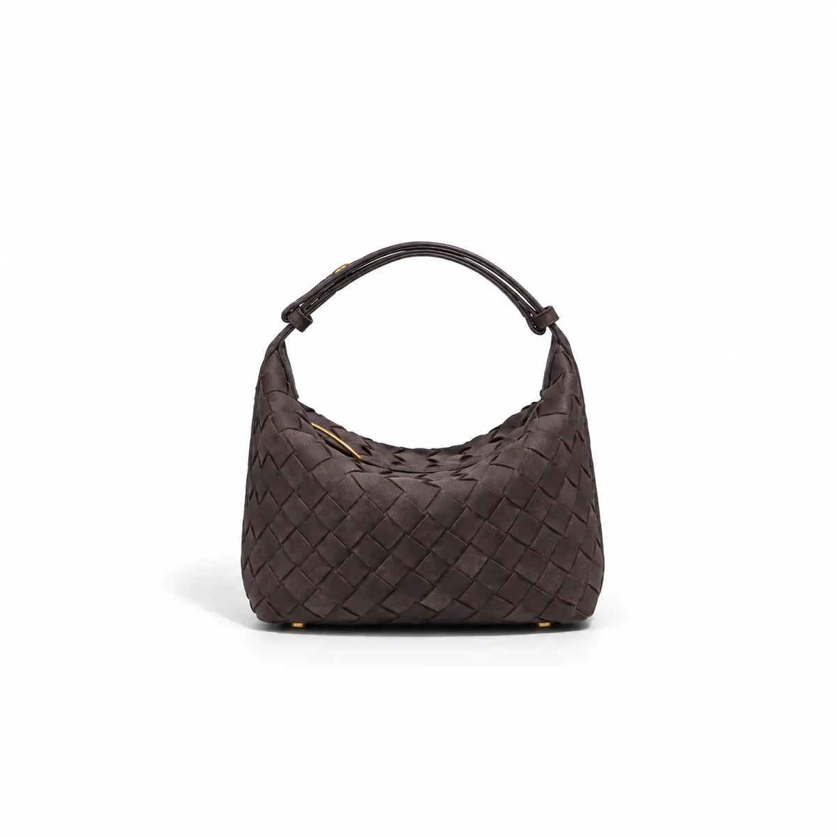 Borsa Kaila ecosuede marrone testa di morohardware oro chiusura a zip piedini d'appoggio oro manico allungabile stile intrecciato su sfondo bianco