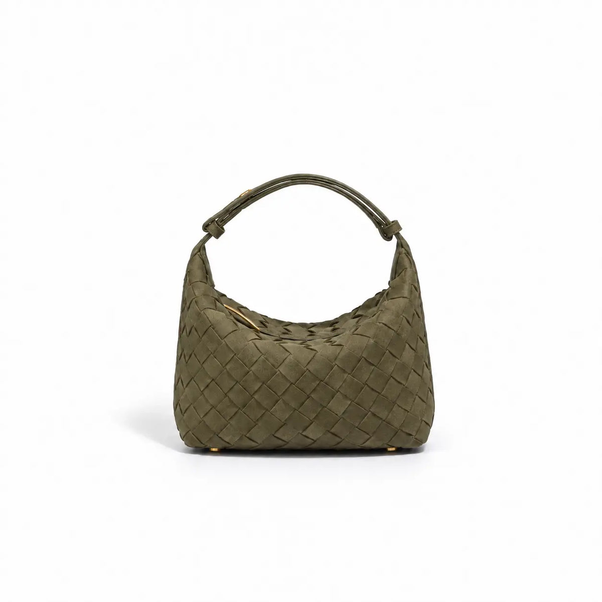 Borsa Kaila ecosuede olive hardware oro chiusura a zip piedini d'appoggio oro manico allungabile stile intrecciato su sfondo bianco