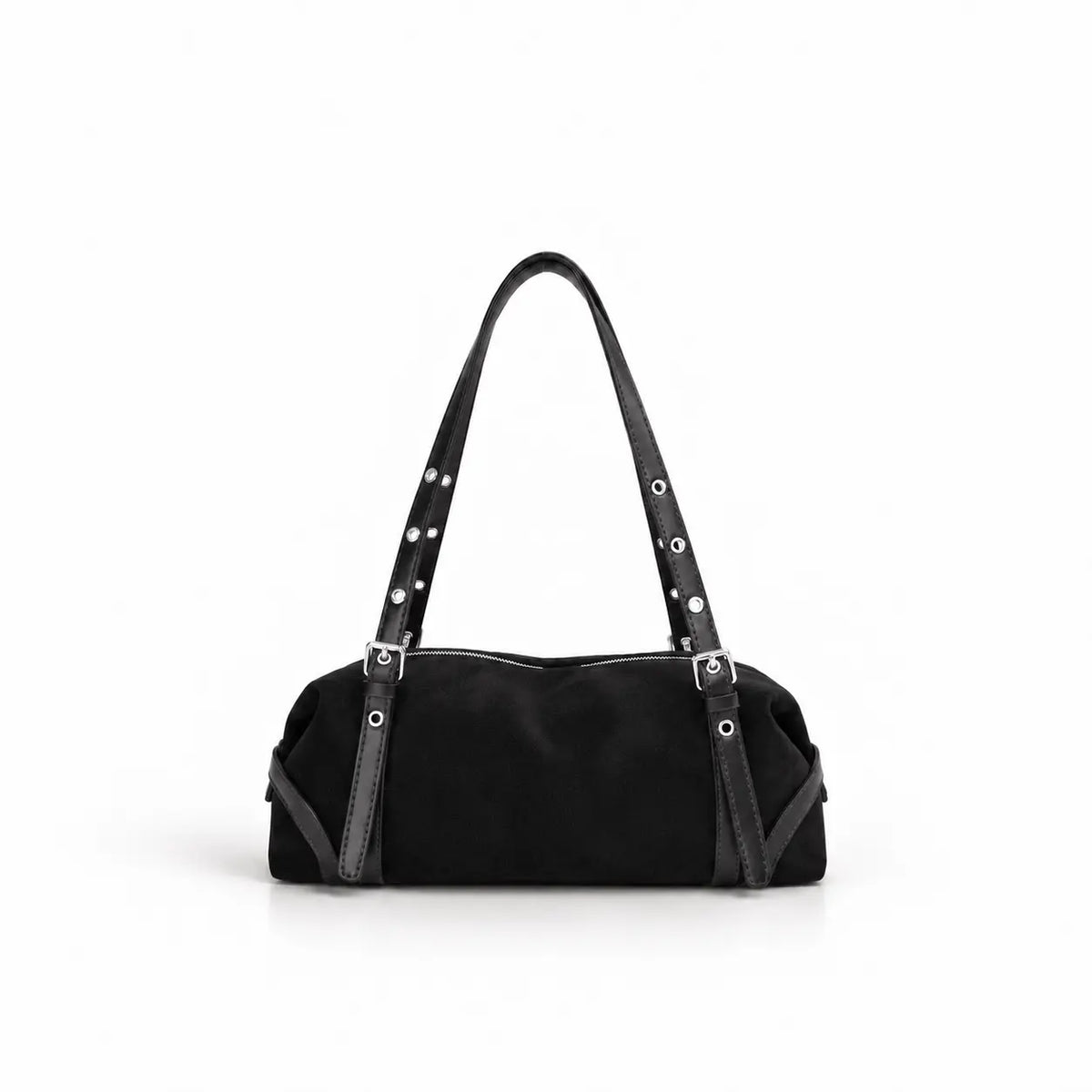 Borsa Olivia nero suede hardware silver manici allungabili chiusura a zip unico scompartimento bottoni laterali per allungamento borsa tasca interna con zip su sfondo bianco
