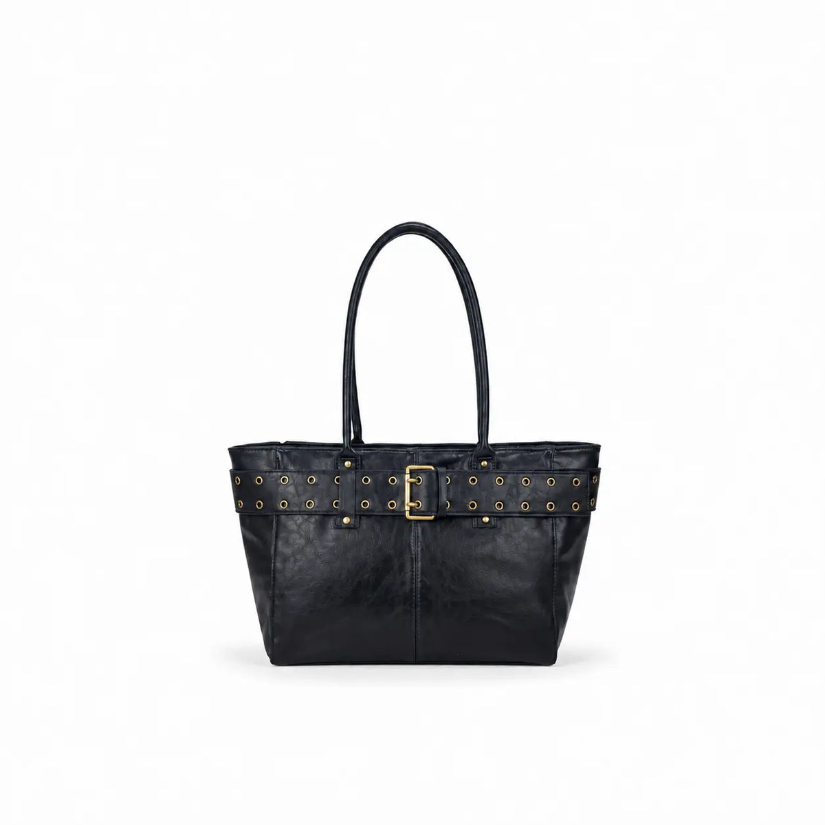 Borsa Soho in ecopelle blu Navy con hardware oro finto cinturone frontale con manici lunghi da portare a spalla con chiusura a zip tasche interne con più scompartimenti su sfondo bianco