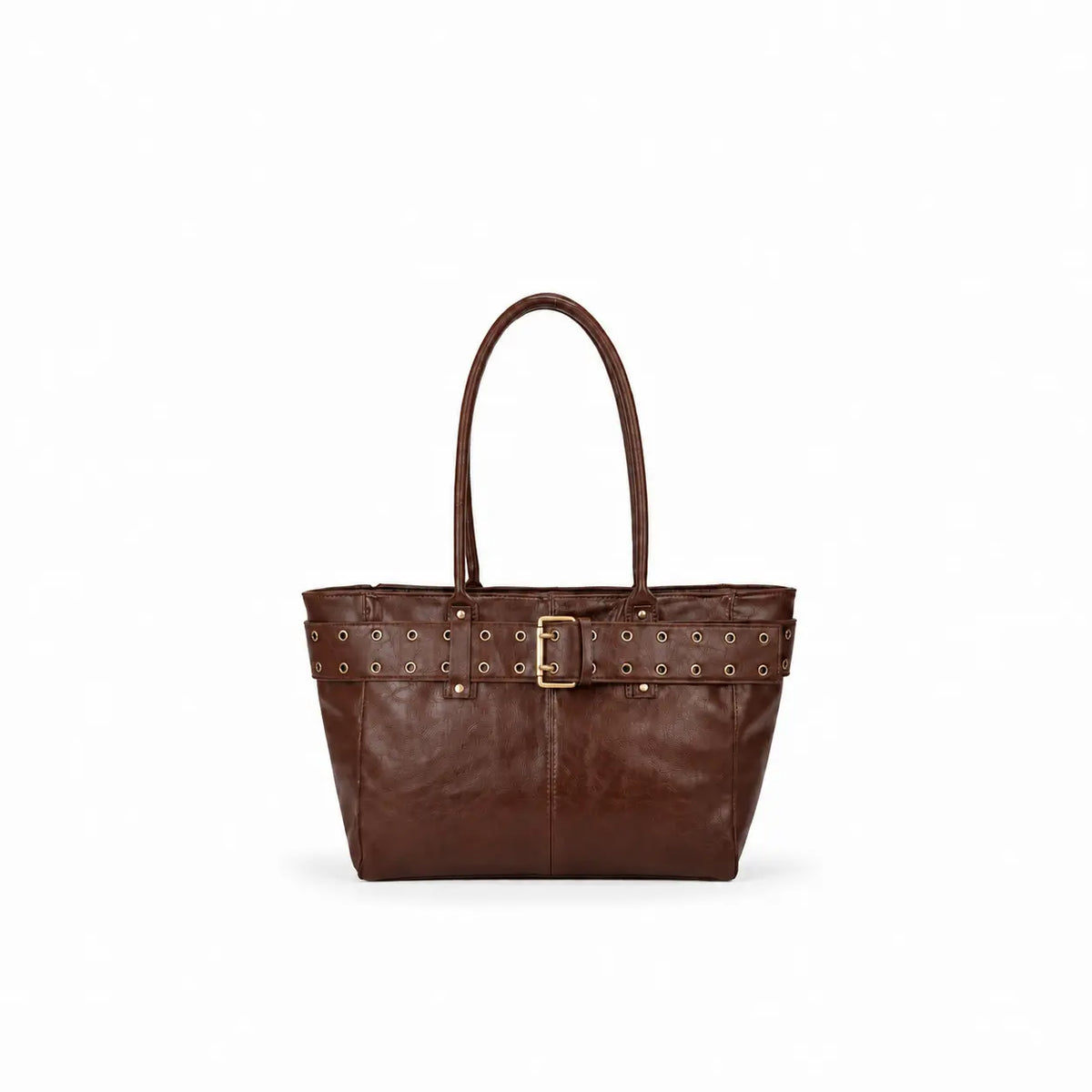 Borsa Soho in ecopelle marrone cioccolato  con hardware oro finto cinturone frontale con manici lunghi da portare a spalla con chiusura a zip tasche interne con più scompartimenti su sfondo bianco