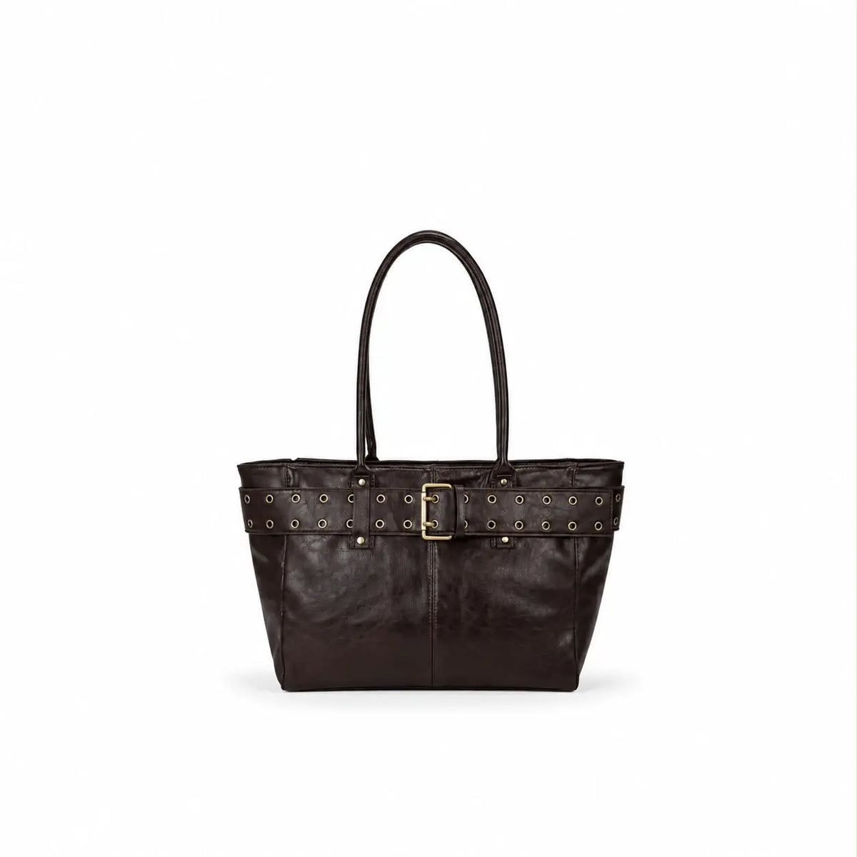 Borsa Soho in ecopelle marrone testa di moro con hardware oro finto cinturone frontale con manici lunghi da portare a spalla con chiusura a zip tasche interne con più scompartimenti su sfondo bianco