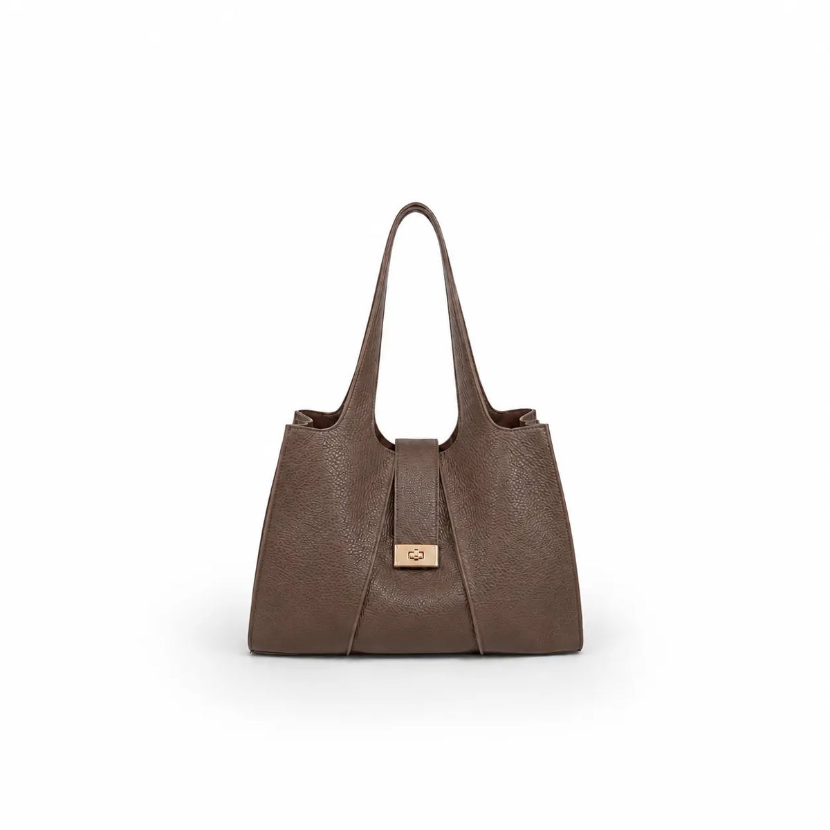 Borsa Venice fango in ecopelle molto capiente da portare a spalla con chiusura a clavistello pochette interno e zip centrale su sfondo bianco