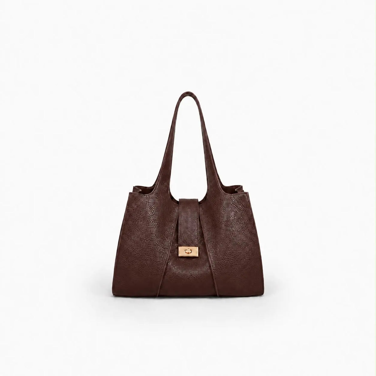 Borsa Venice marrone in ecopelle molto capiente da portare a spalla con chiusura a clavistello pochette interno e zip centrale su sfondo bianco