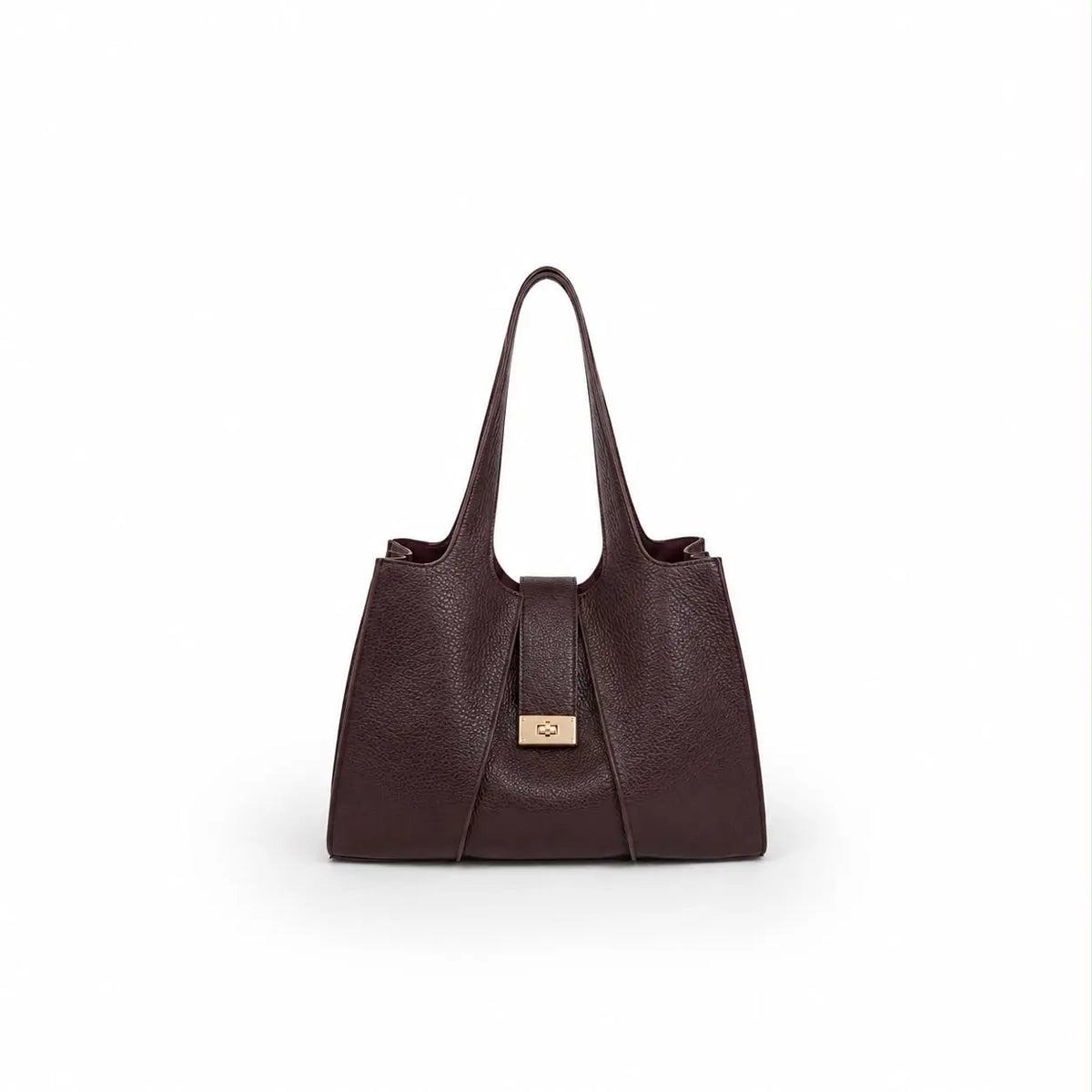 Borsa Venice marrone testa di moro in ecopelle molto capiente da portare a spalla con chiusura a clavistello pochette interno e zip centrale su sfondo bianco