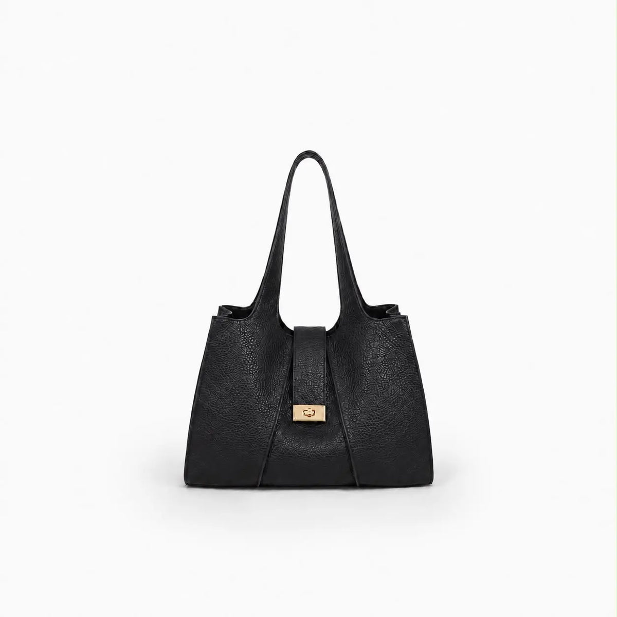 Borsa Venice nero in ecopelle molto capiente da portare a spalla con chiusura a clavistello pochette interno e zip centrale su sfondo bianco