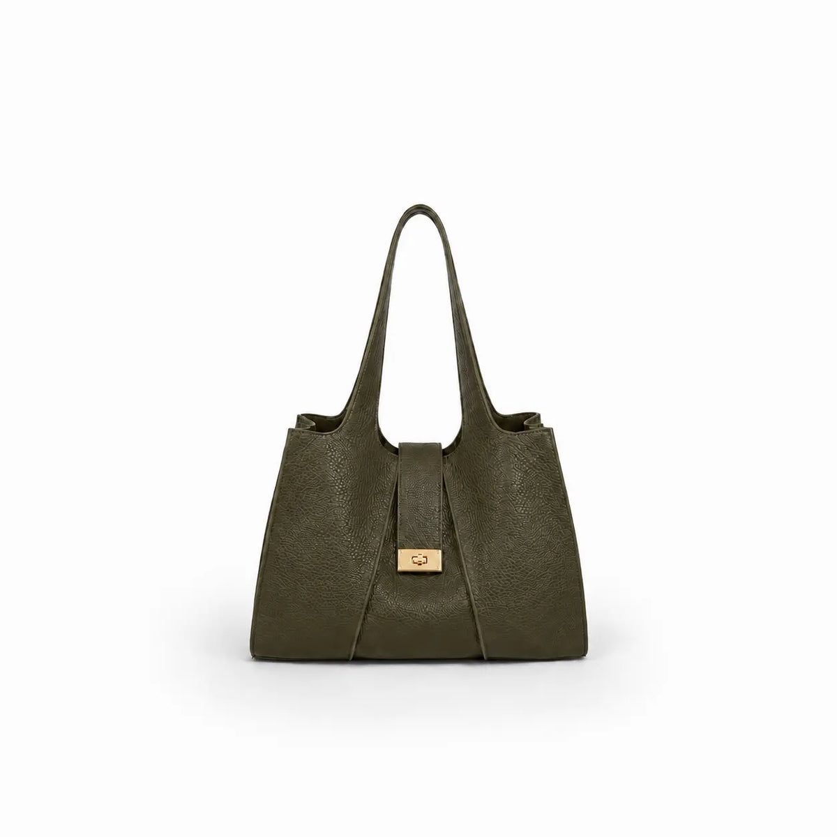 Borsa Venice verdone in ecopelle molto capiente da portare a spalla con chiusura a clavistello pochette interno e zip centrale su sfondo bianco