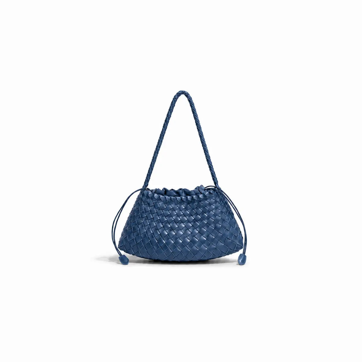 borsa Juliette blu navy in eco-pelle modello intreccio forma a barchetta con sacchetto interno con tasca a zip da portare a spalla su sfondo bianco 