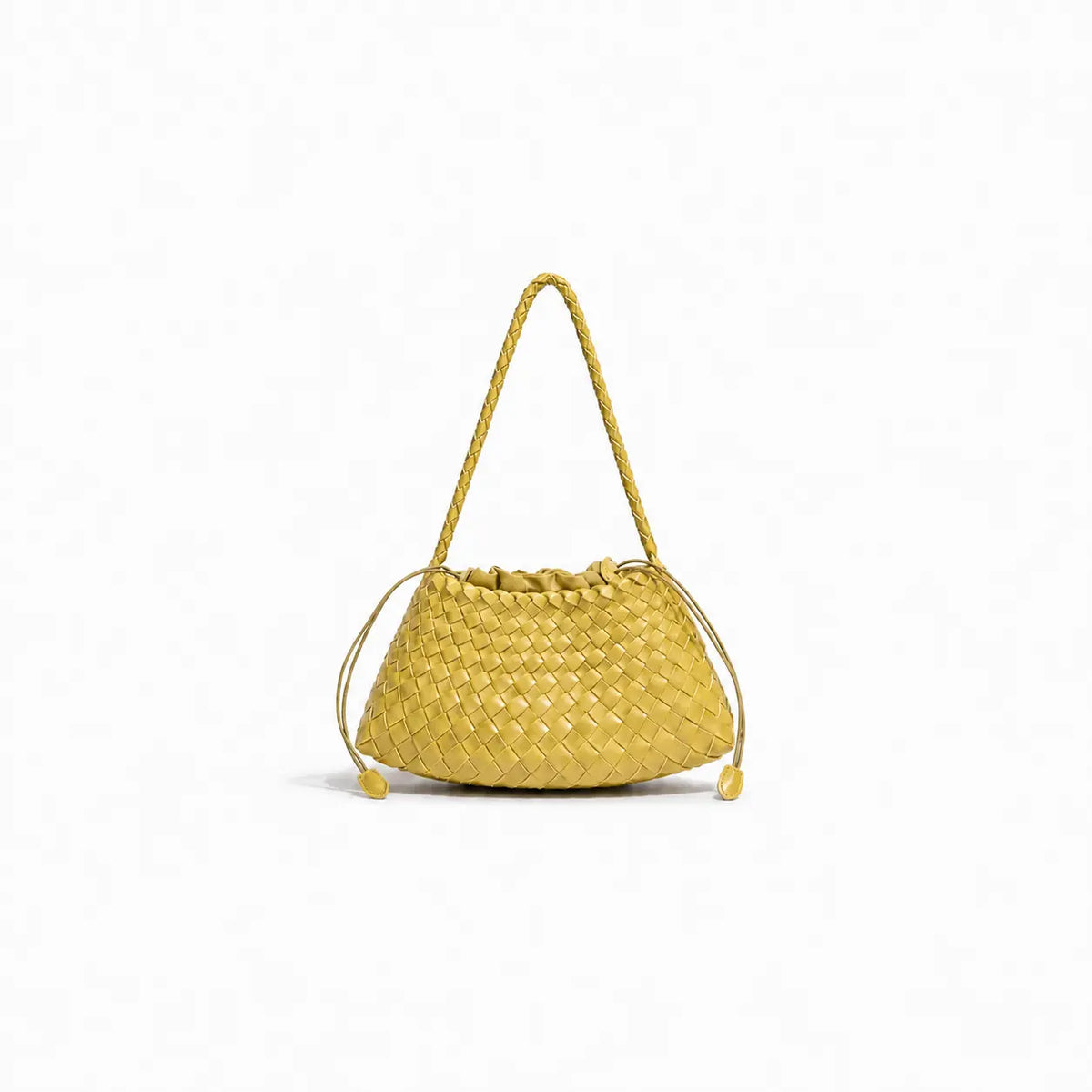 borsa Juliette giallo in eco-pelle modello intreccio forma a barchetta con sacchetto interno con tasca a zip da portare a spalla su sfondo bianco 