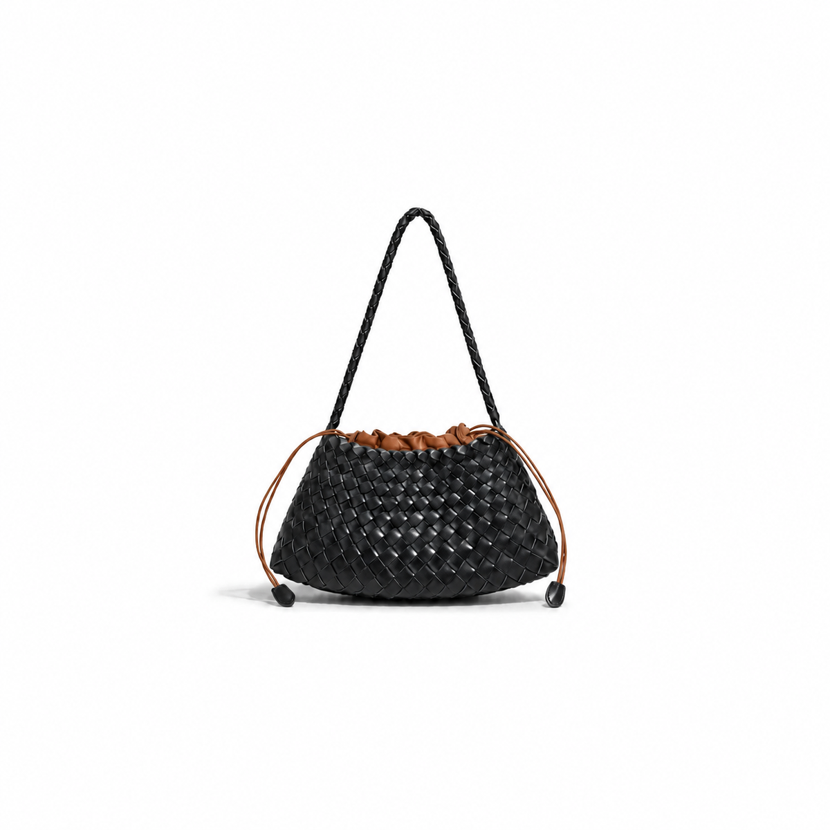 borsa Juliette nero modello intreccio forma a barchetta con sacchetto interno con tasca a zip da portare a spalla su sfondo bianco 