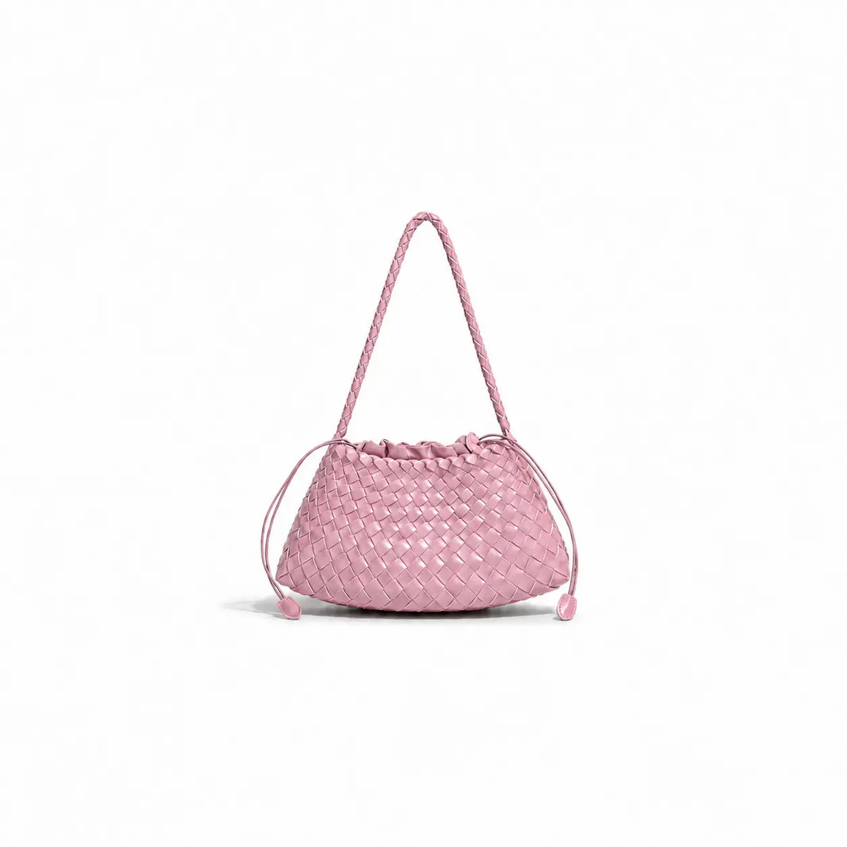 borsa Juliette rosa in eco-pelle modello intreccio forma a barchetta con sacchetto interno con tasca a zip da portare a spalla su sfondo bianco 
