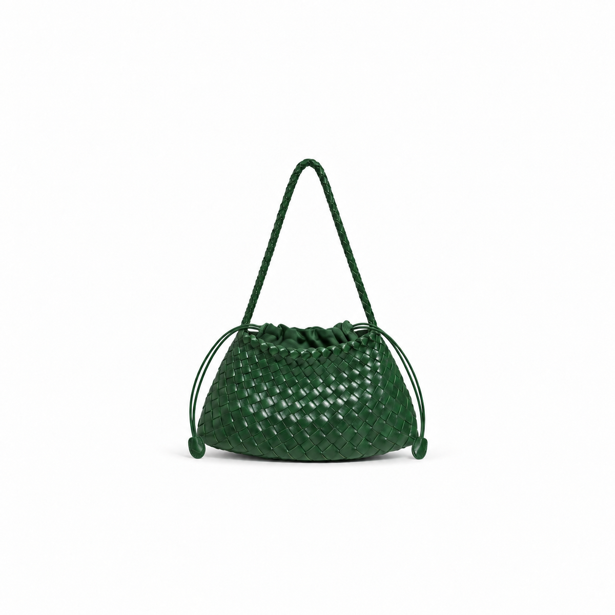 borsa Juliette verde bottiglia in eco-pelle modello intreccio forma a barchetta con sacchetto interno con tasca a zip da portare a spalla su sfondo bianco 