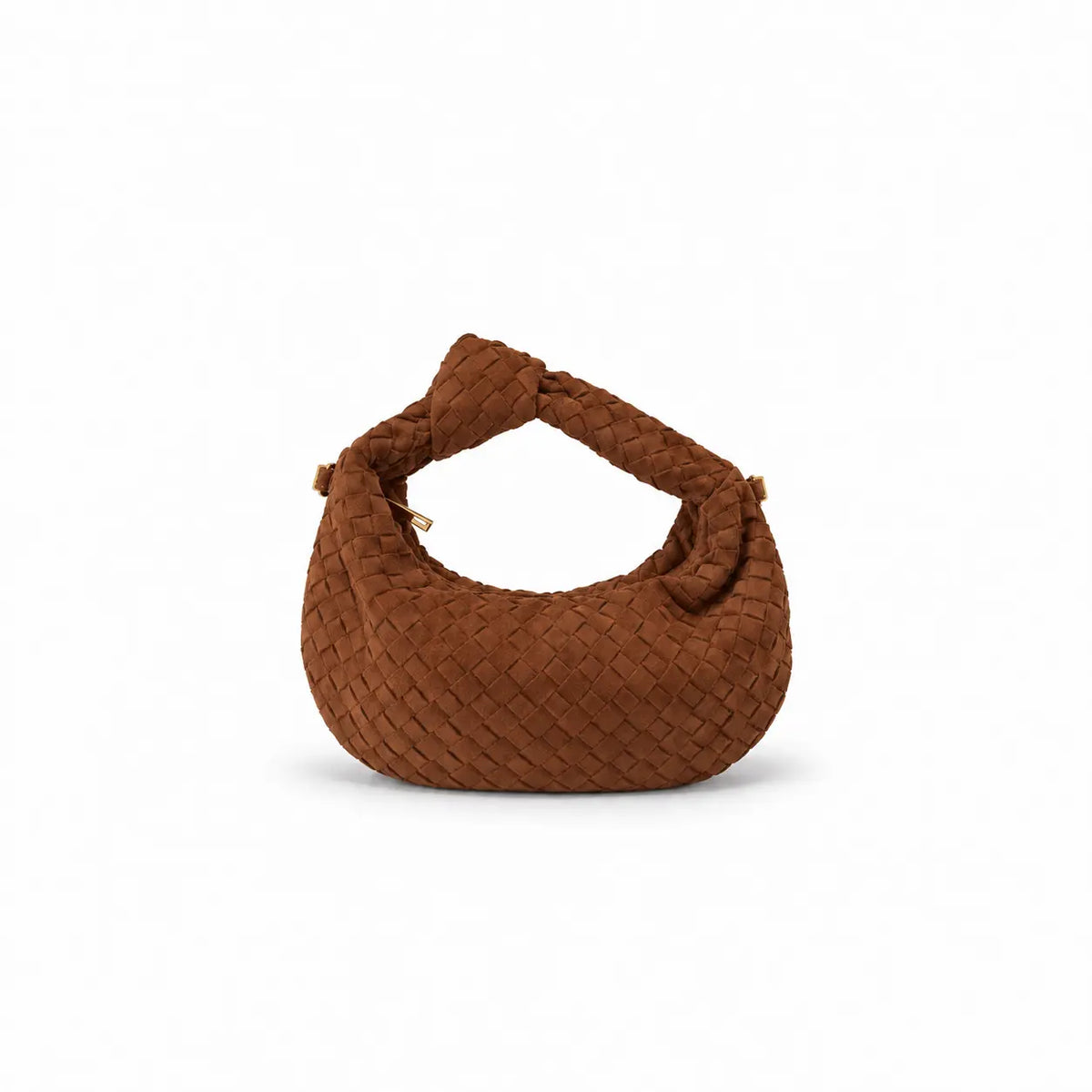 borsa Kim mini cuoio in ecosuede con hardware oro modello intreccio di tendenza con tracolla inclusa su sfondo bianco