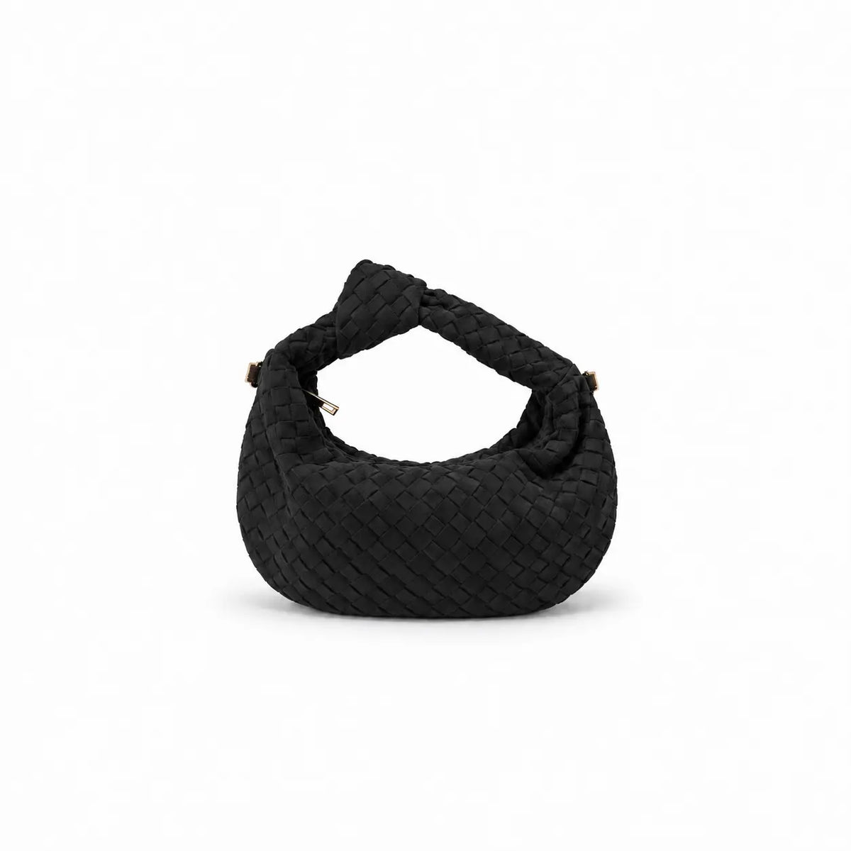 borsa Kim mini nero in ecosuede con hardware oro modello intreccio di tendenza con tracolla inclusa su sfondo bianco