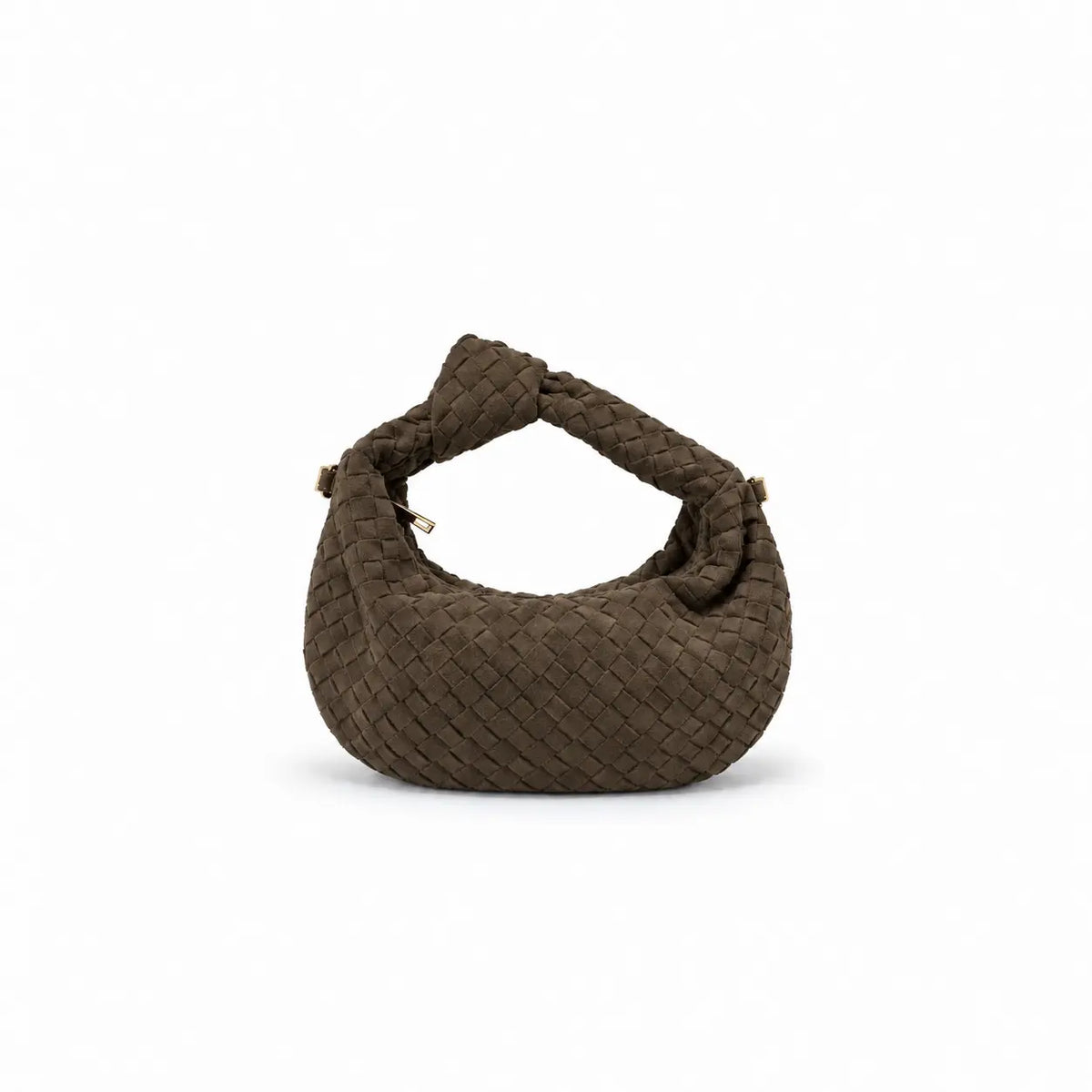borsa Kim mini verdone in ecosuede con hardware oro modello intreccio di tendenza con tracolla inclusa su sfondo bianco