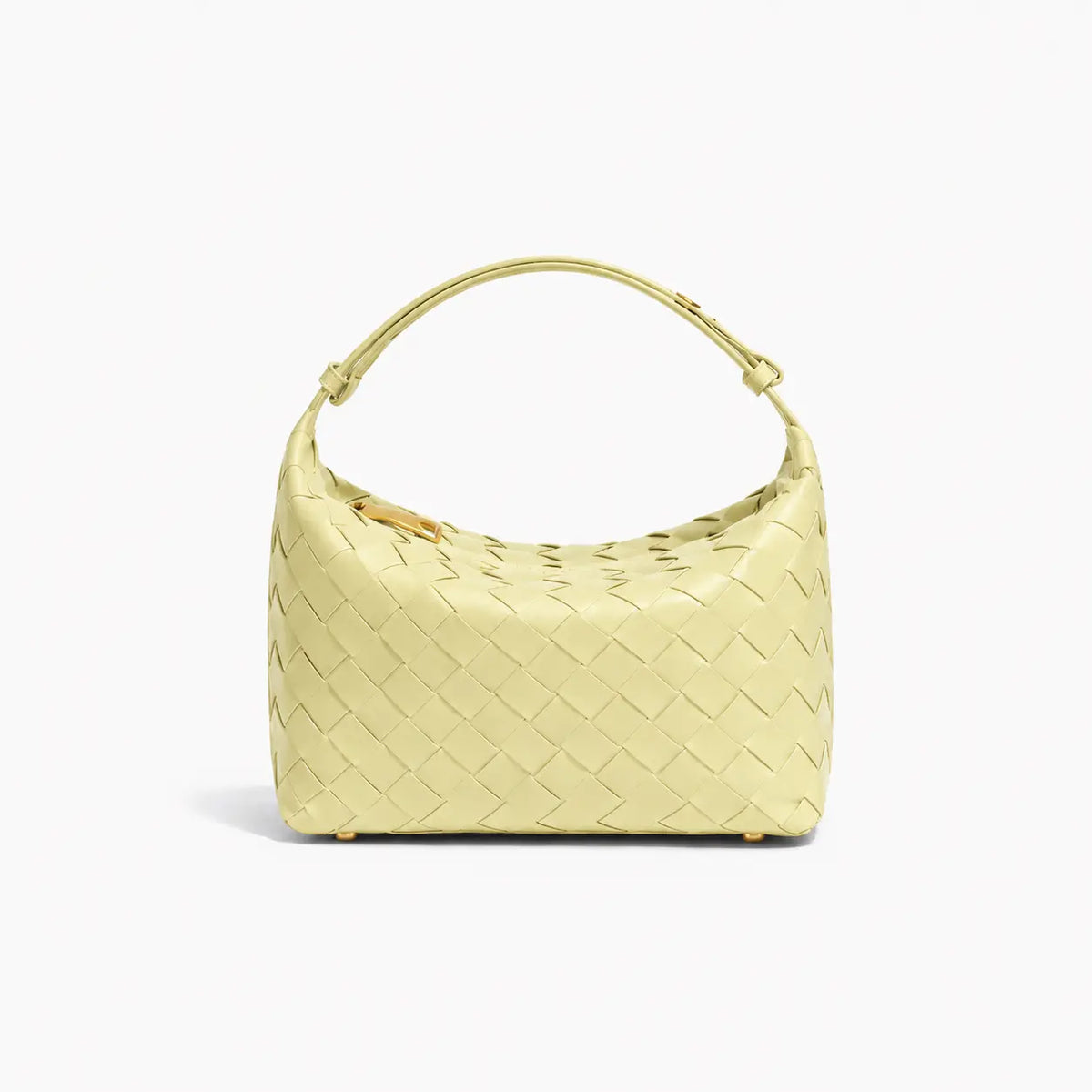 borsa kaila giallo canarino in ecopelle hardware oro chiusura a zip molto capiente per la sua grandezza modello intrecciato con manico espandibile su sfondo bianco 