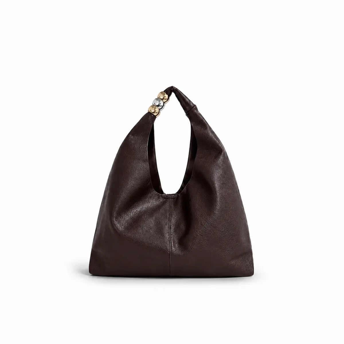 borsa monaco in ecopelle marrone testa di moro con chiusura a clip con tre palle intorno al manico molto capiente modello semplice su sfondo bianco