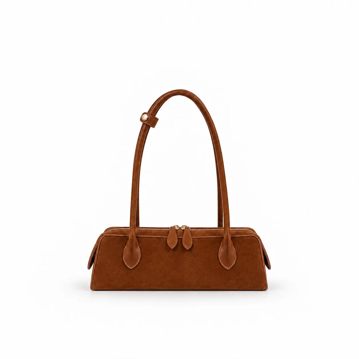 borsa nora in ecosuede cuoio con manici rigidi e lunghi per portare a spalla con hardware argento tasca interna con zip su sfondo bianco