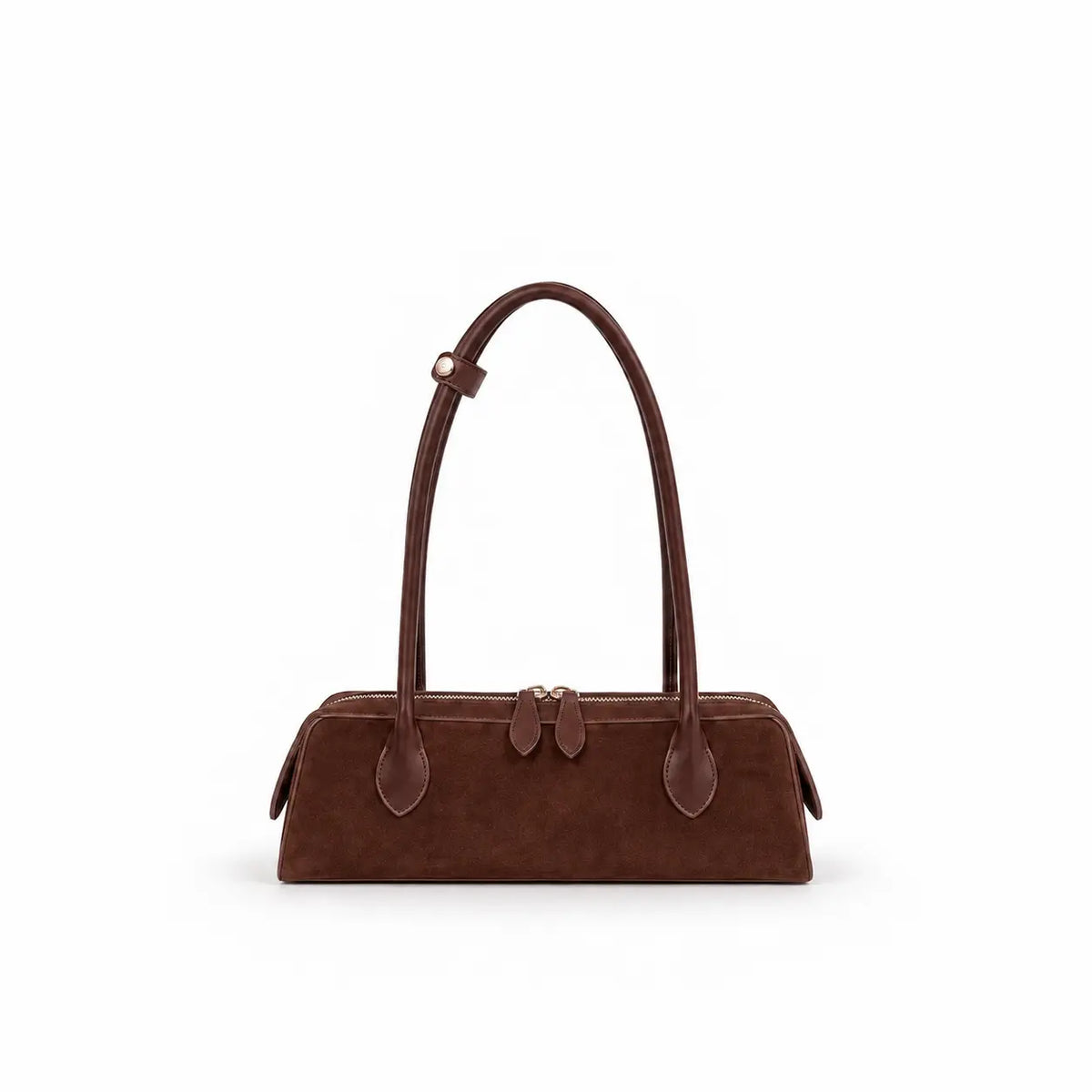 borsa nora in ecosuede marrone chocolate con manici rigidi e lunghi per portare a spalla con hardware argento tasca interna con zip su sfondo bianco