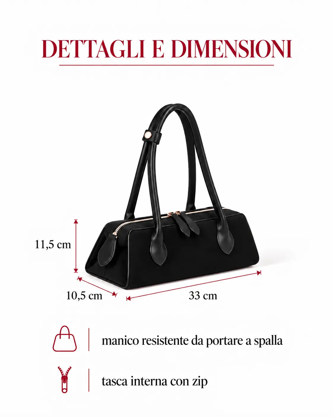 borsa nora in ecosuede nero con dimensioni e dettagli su sfondo bianco