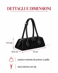 borsa nora in ecosuede nero con dimensioni e dettagli su sfondo bianco