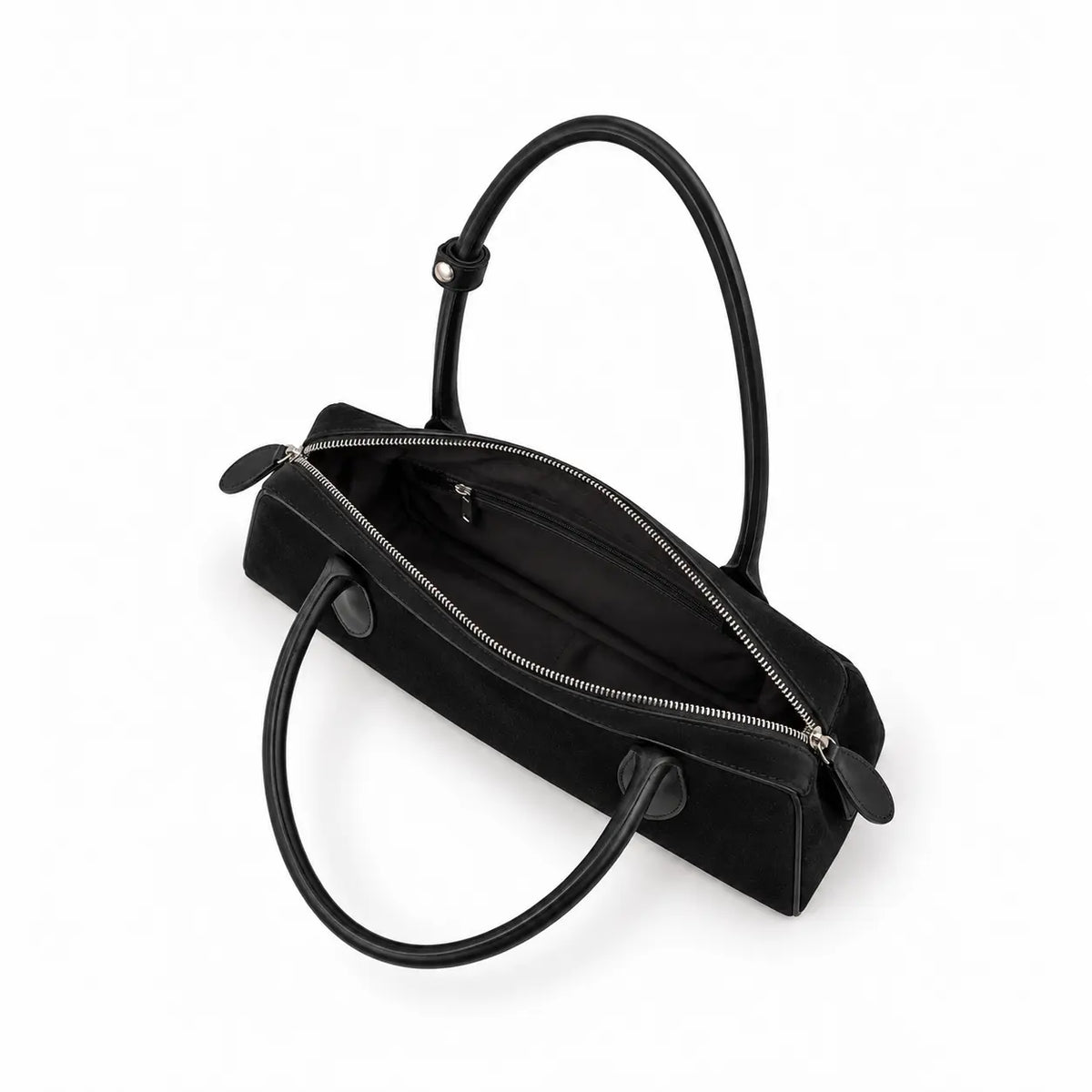 borsa nora in ecosuede nero con manici rigidi e lunghi per portare a spalla con hardware argento tasca interna con zip su sfondo bianco aperta per la capienza