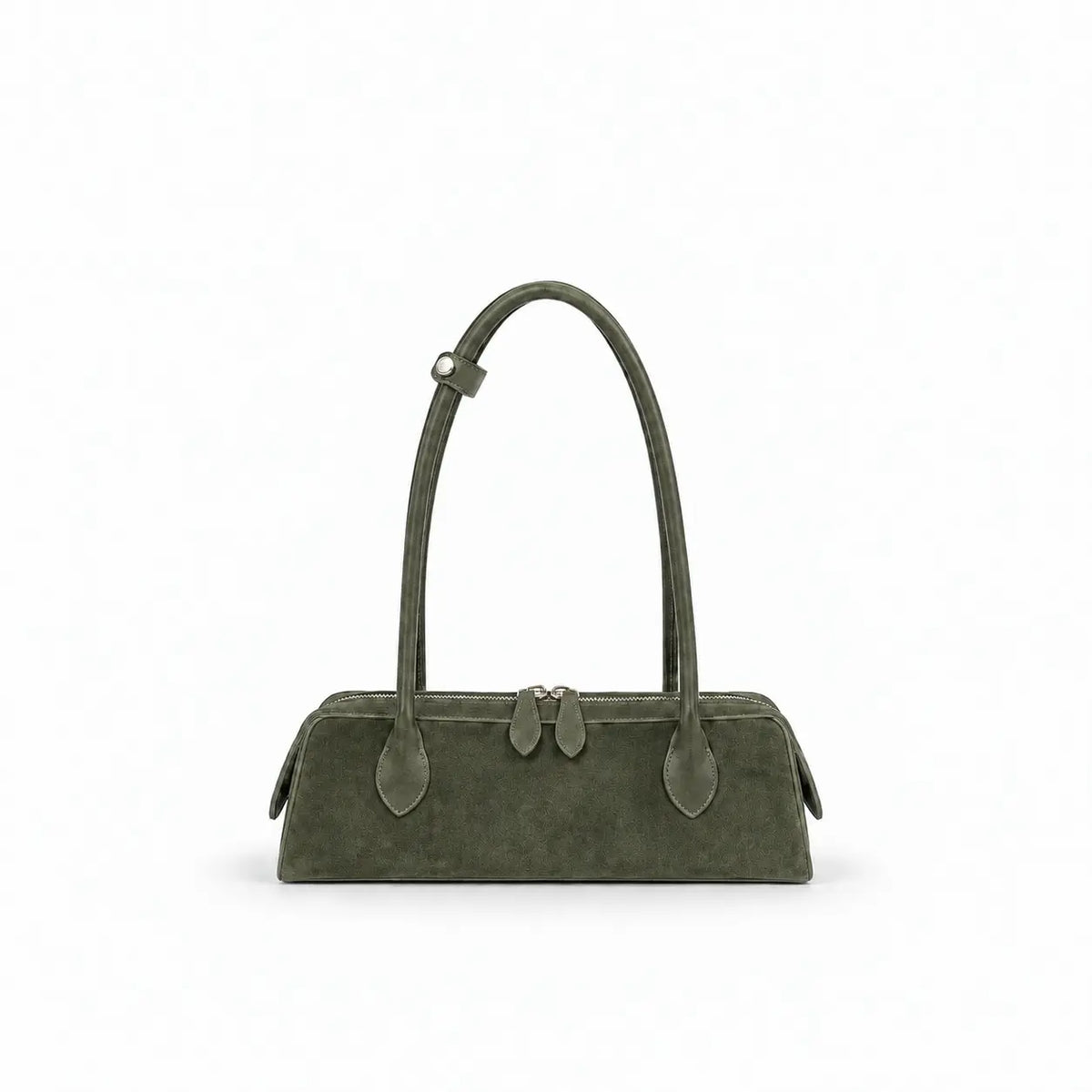 borsa nora in ecosuede verdone con manici rigidi e lunghi per portare a spalla con hardware argento tasca interna con zip su sfondo bianco