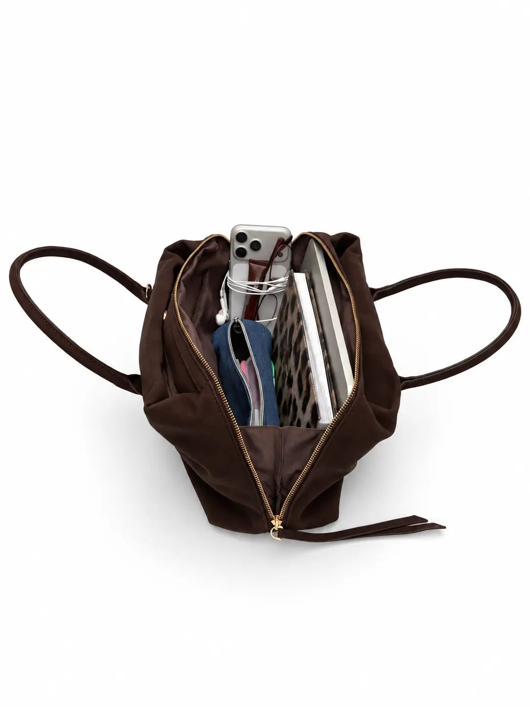 Capienza Borsa Kelsey marrone testa di moro zip con chiusura completa e clip magnetiche laterali dettagli oro molto capiente tasche interne con zip e senza