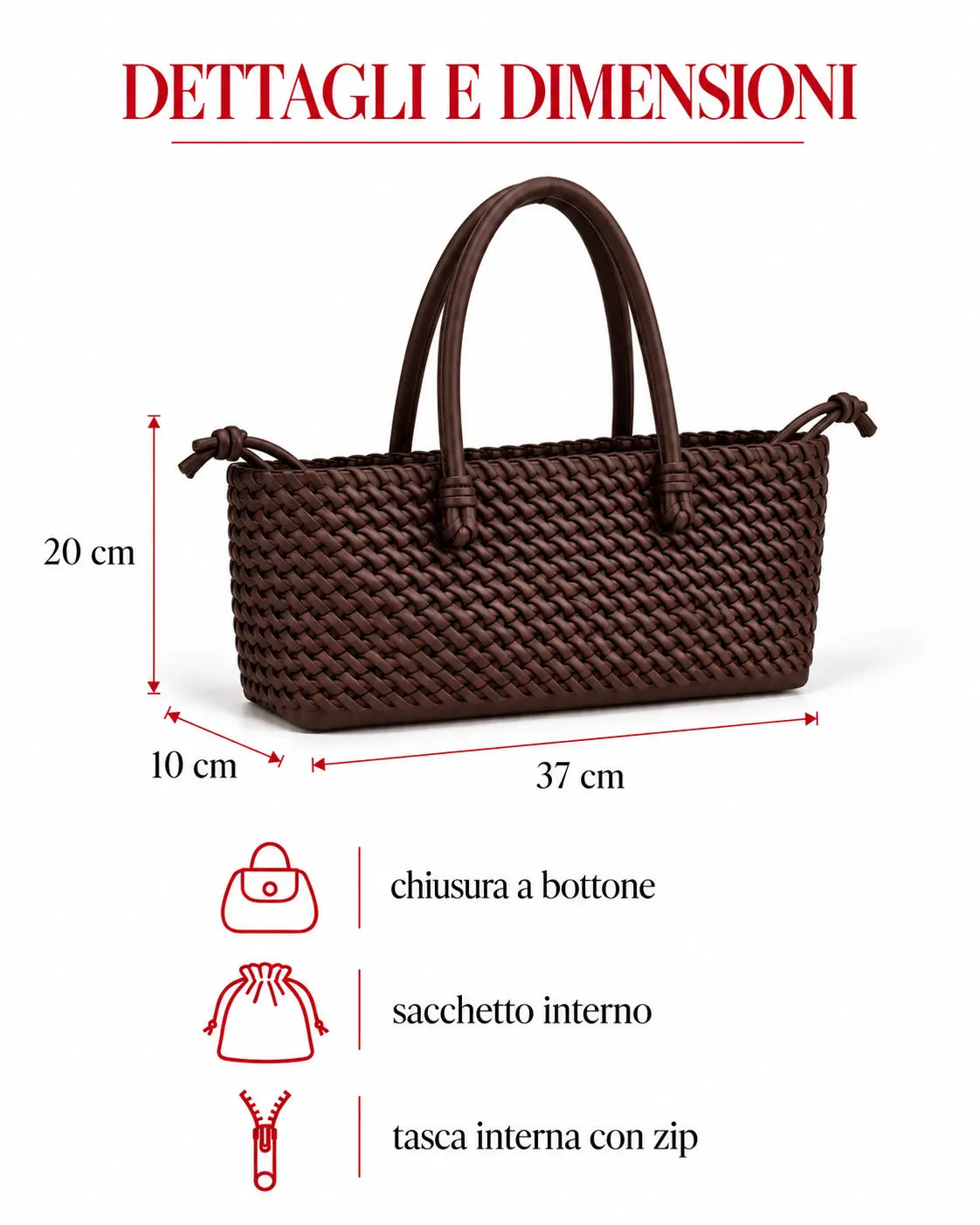dettagli e dimensioni borsa Evelyn marrone testa di moro on ecosuede modello intrecciato con chiusura a clip e sacchetto interno e tasca con zip con manico da spalla su sfondo bianco