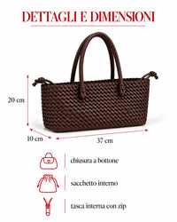 dettagli e dimensioni borsa Evelyn marrone testa di moro on ecosuede modello intrecciato con chiusura a clip e sacchetto interno e tasca con zip con manico da spalla su sfondo bianco