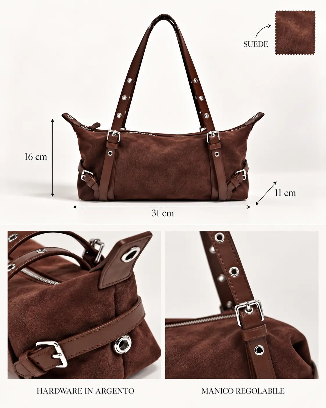 dimensioni caratteristiche materiali borsa Olivia suede messa in evidenza su sfondo bianco