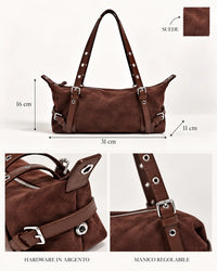 dimensioni caratteristiche materiali borsa Olivia suede messa in evidenza su sfondo bianco
