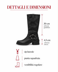 foto scheda prodotto dello stivale con dettagli e dimensioni