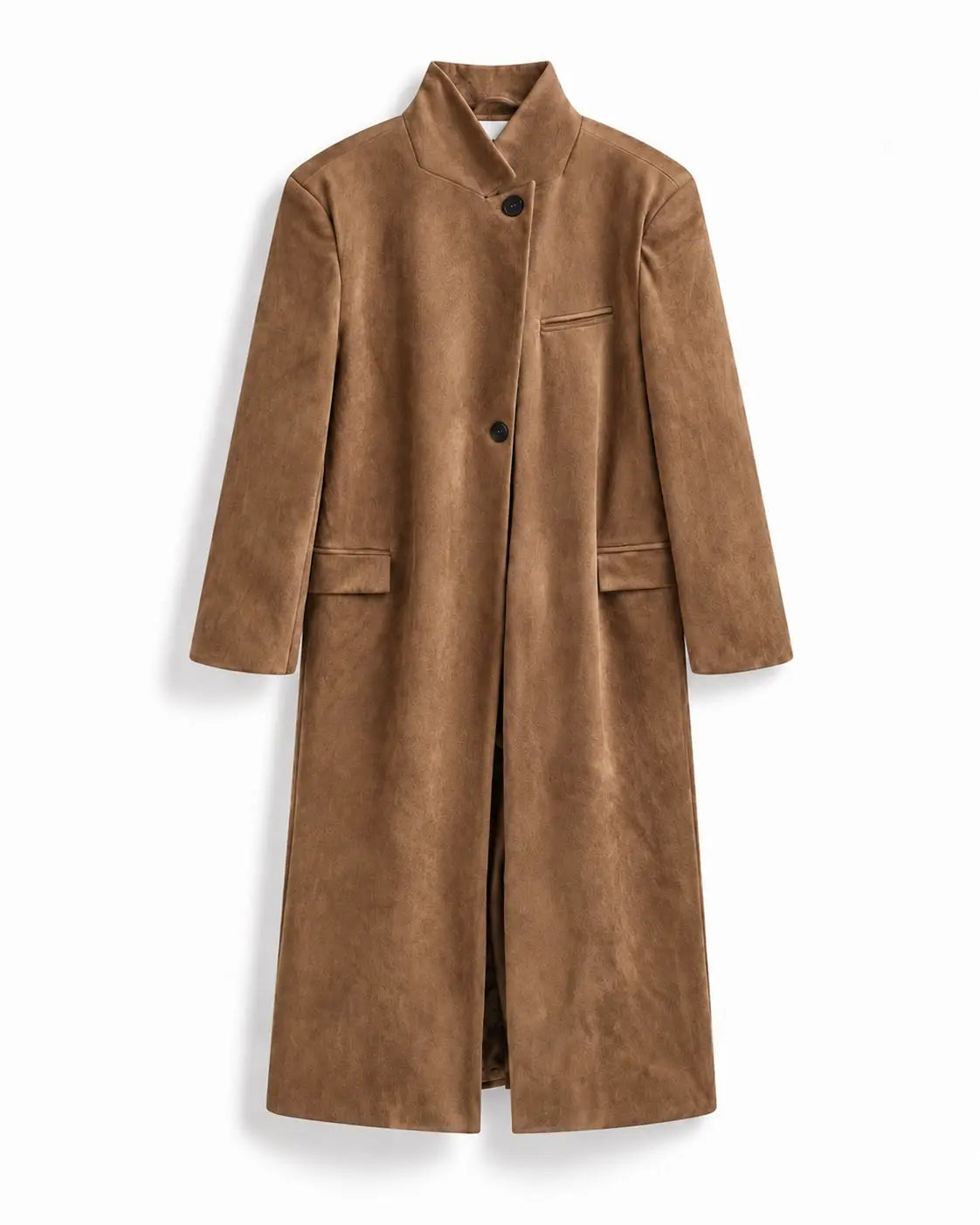 visione frontale cappotto Irina camel suede lungo finte tasche esterne collo pieghevole su sfondo bianco
