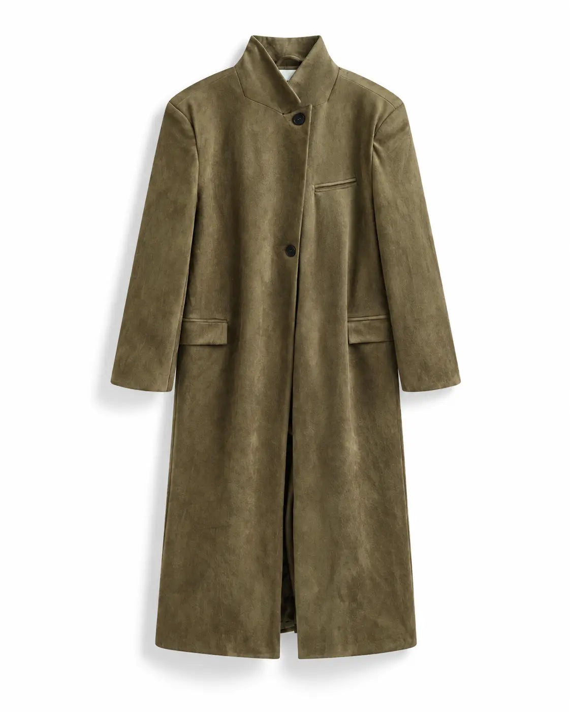 visione frontale cappotto Irina verde oliva suede lungo finte tasche esterne collo pieghevole su sfondo bianco