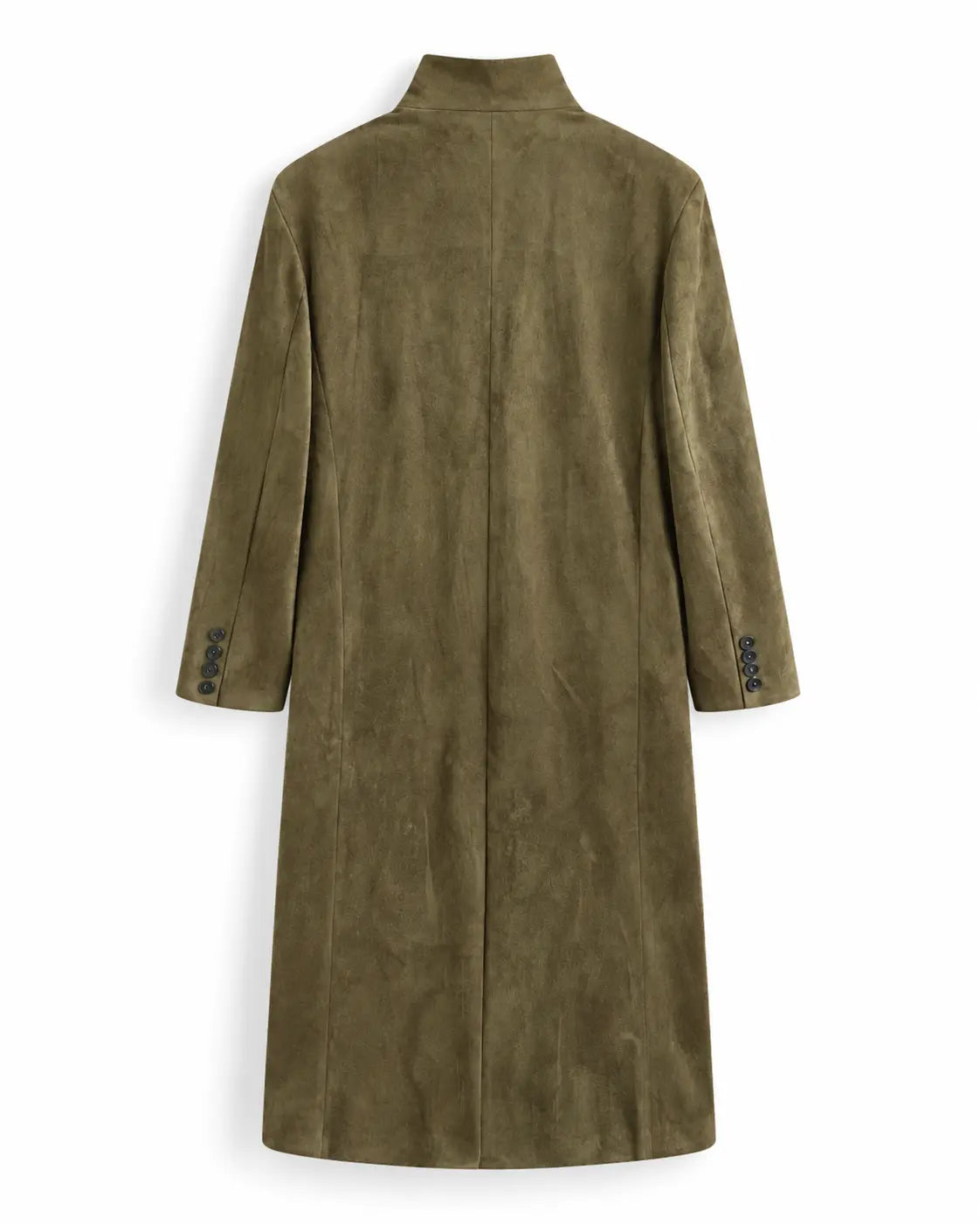 visione retro cappotto Irina verde oliva suede lungo finte tasche esterne collo pieghevole su sfondo bianco